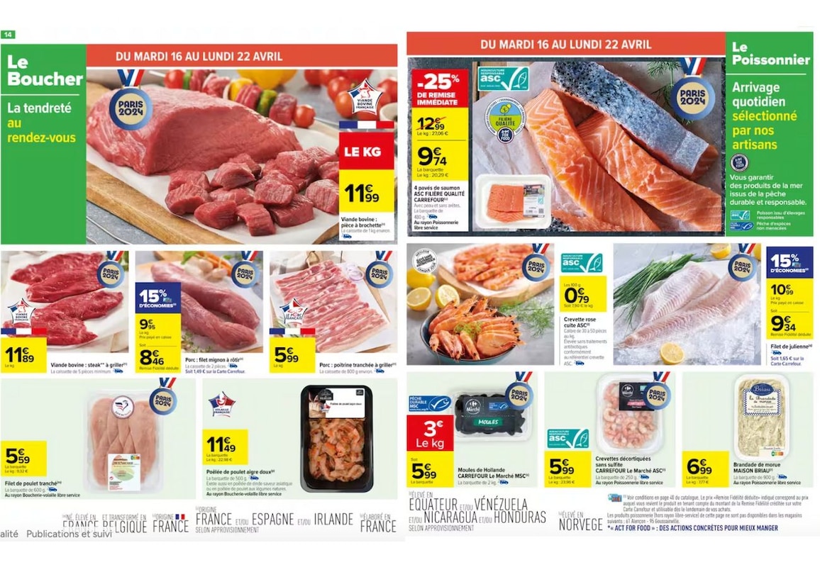 Faites votre marché chez Carrefour avec les offres du boucher et poissonnier à prix mini