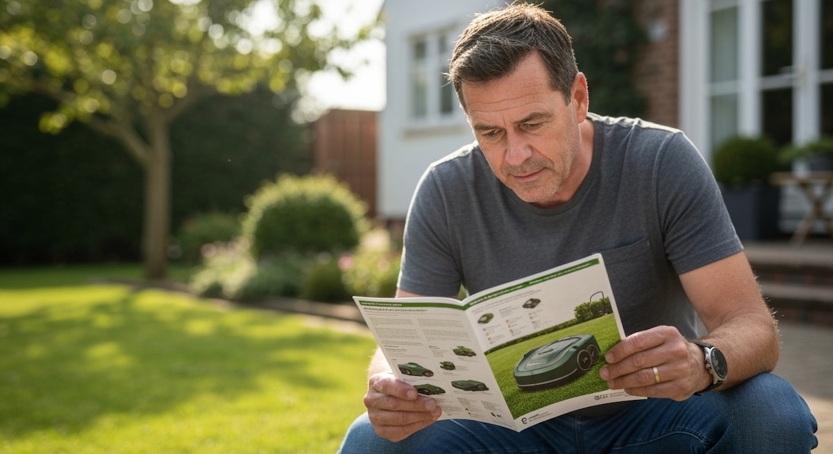 Homme lisant la notice d'un robot tondeuse dans son jardin.