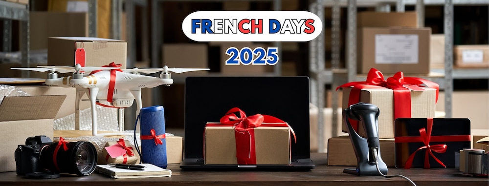 Produits tech posés dur une table avec écrit en fond French Days 2025