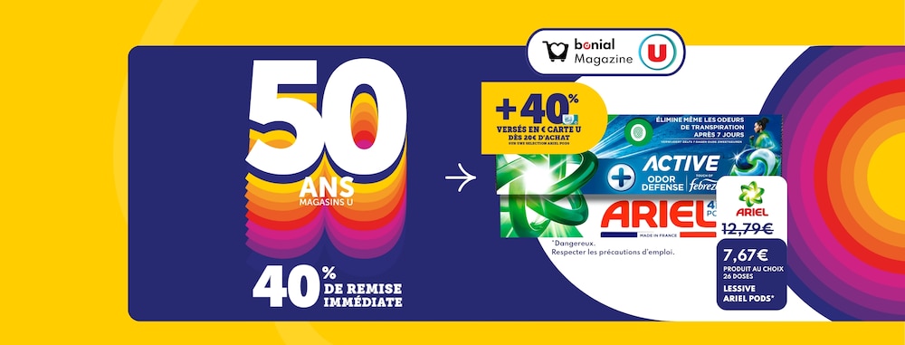 Affiche U 50 ans avec paquet de lessive Ariel