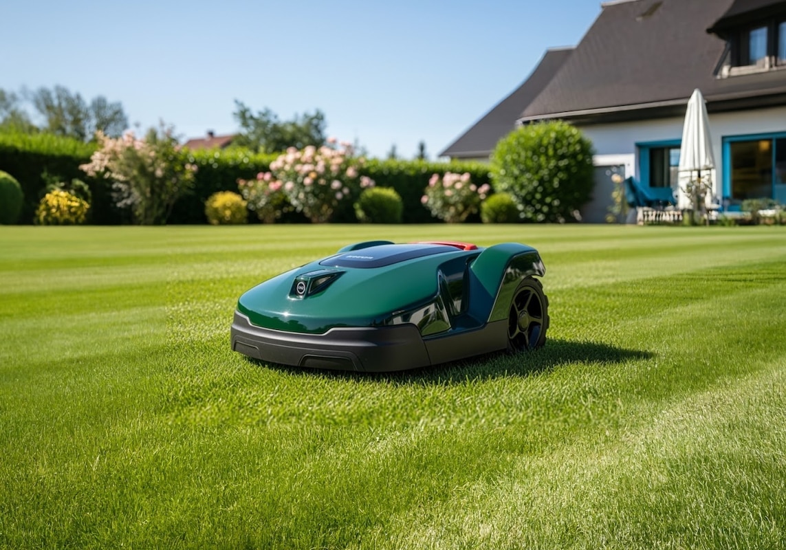 Robot tondeuse vert foncé posé dans le jardin d'une maison