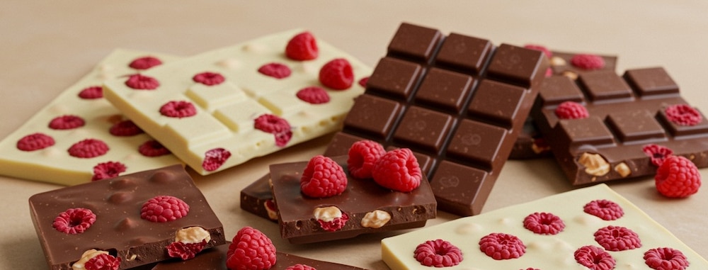 Tablettes de chocolat avec framboises à l'intérieur.