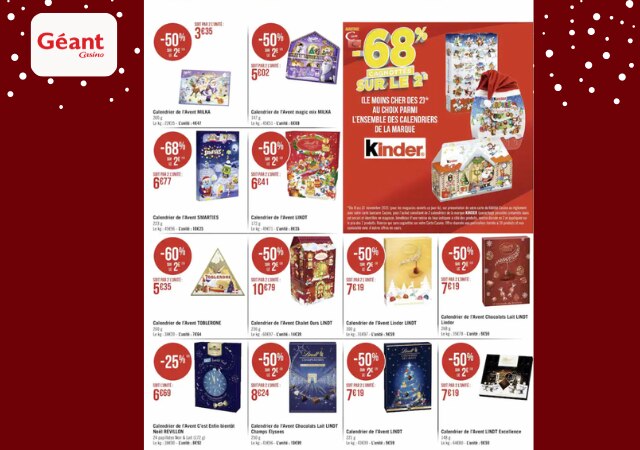 Calendriers de l'Avent Milka, Kinder, Toblerone, Lindt en promo chez Géant Casino