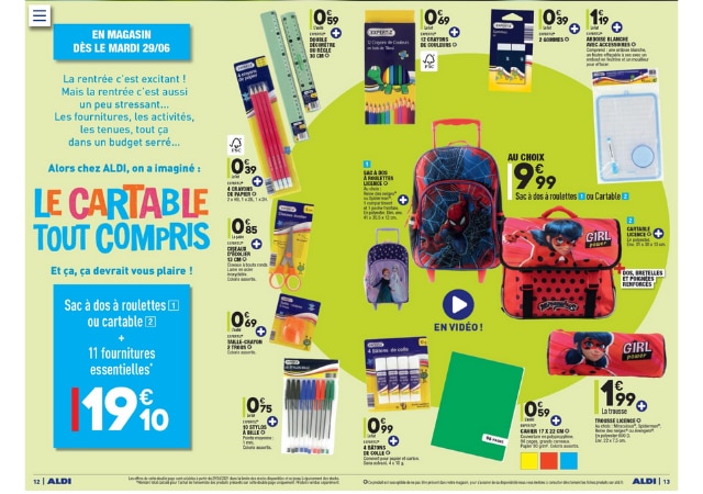 Cartable tout compris Aldi à 19,10€