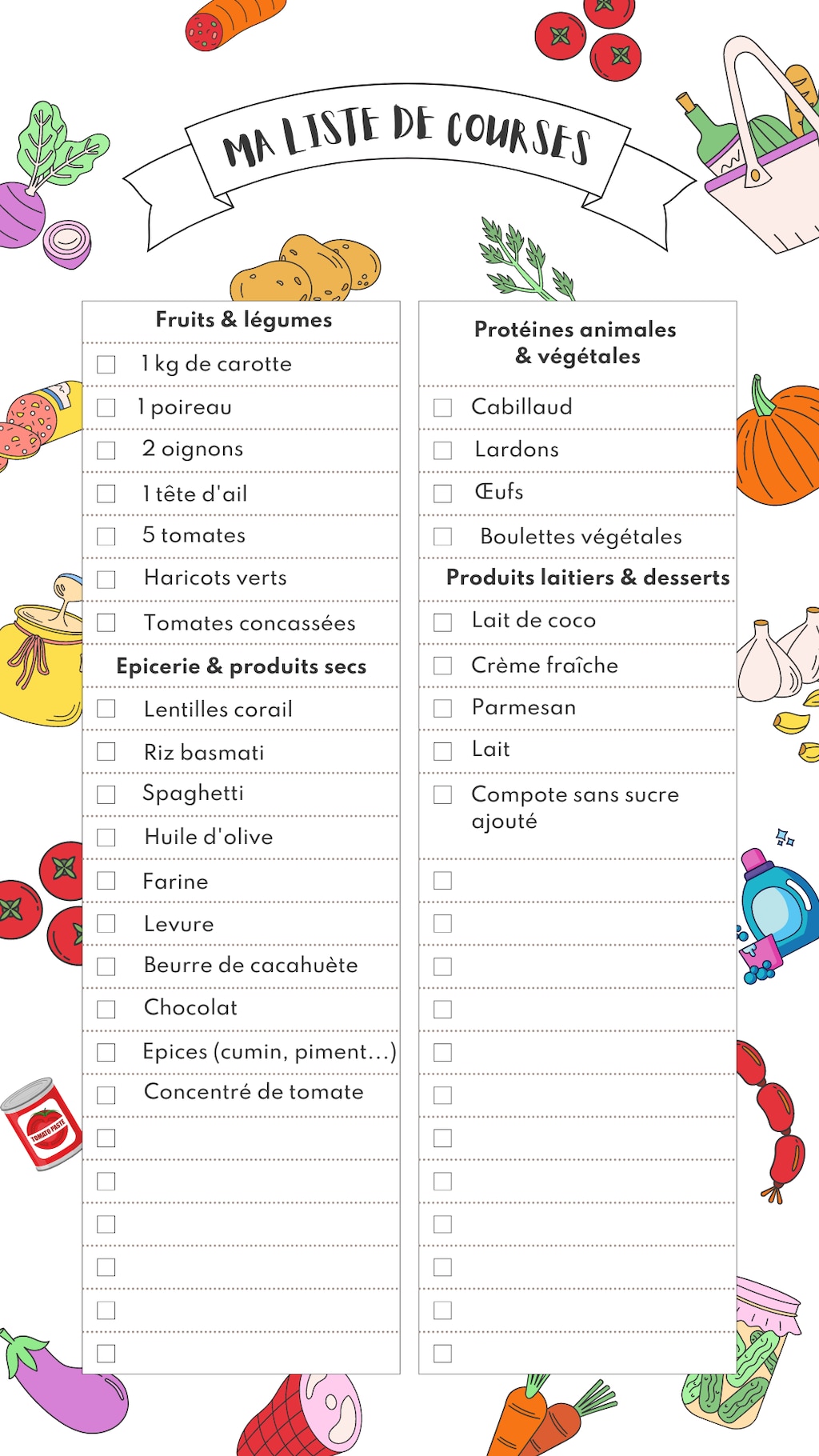 Liste de courses à imprimer et compléter