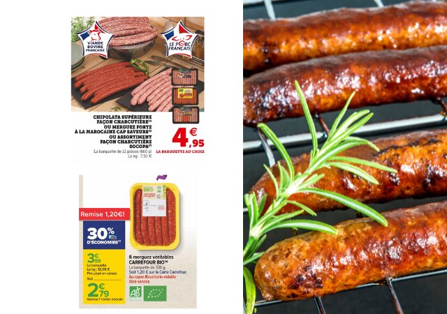 Chipolatas et merguez chez Carrefour Bio, Géant Casino et Super U