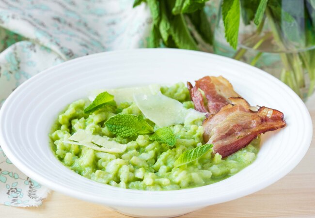 Risotto petits pois, menthe, pancetta