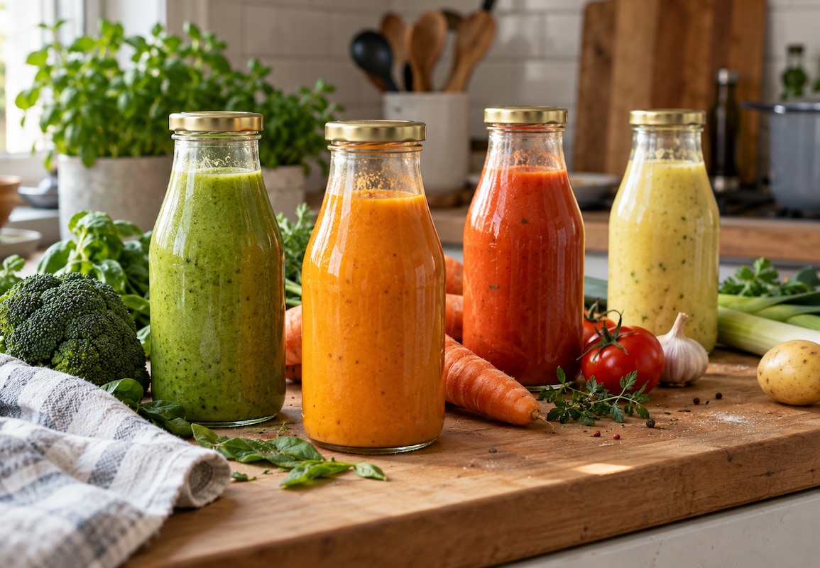 Quatre bouteilles en verre contenant des soupes maison vertes, orange, rouges et jaunes, entourées de légumes frais sur un plan de travail.