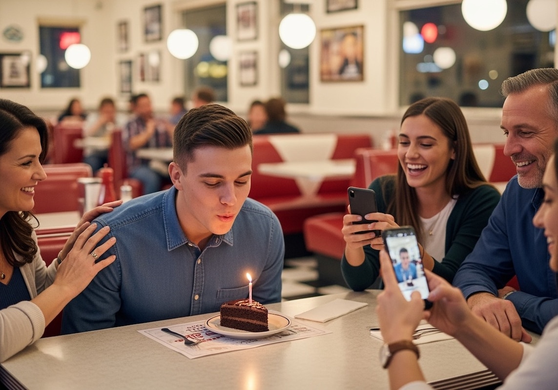 Jeune homme fêtant son anniversaire avec sa famille dans restaurant.