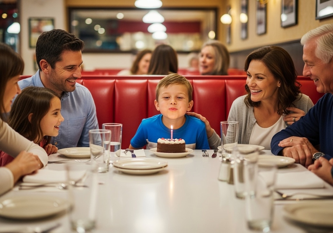 Jeune garçon fêtant son anniversaire avec sa famille dans restaurant.