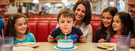 Jeune garçon fêtant son anniversaire avec sa famille dans restaurant de type américain.
