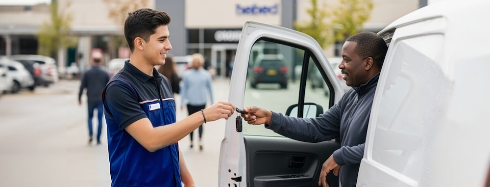 Jeune homme portant une veste de travail donne des clés de voiture à un monsieur dans un van.