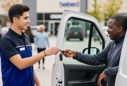 Jeune homme portant une veste de travail donne des clés de voiture à un monsieur dans un van.