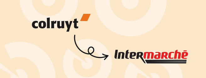 Flèche allant du logo de Colruyt au logo d'Intermarché.