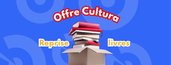 Pile de livres entassés dans un carton avec Offre Cultura : reprise livres écrit en fond