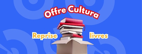 Pile de livres entassés dans un carton avec Offre Cultura : reprise livres écrit en fond
