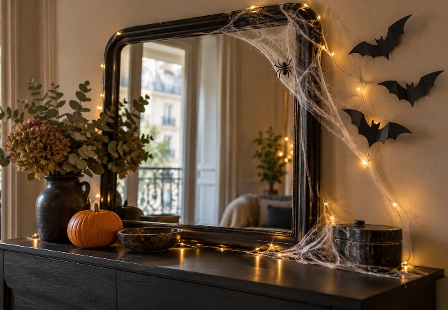 Miroir décoré d’une guirlande lumineuse et de toiles d’araignée, avec des chauves-souris en papier et une citrouille.