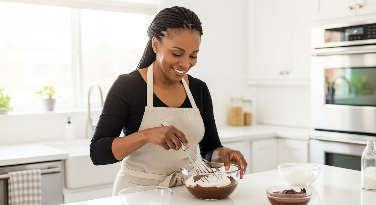 Femme dans sa cuisine préparant une mousse au chocolat