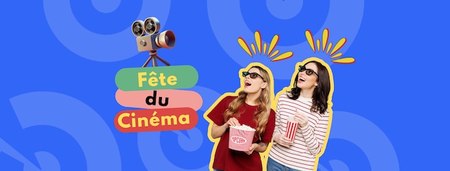 Deux femmes avec des seaux de popcorns dans les mains regardant un projecteur de films avec écrit en dessous : Fête du Cinéma.