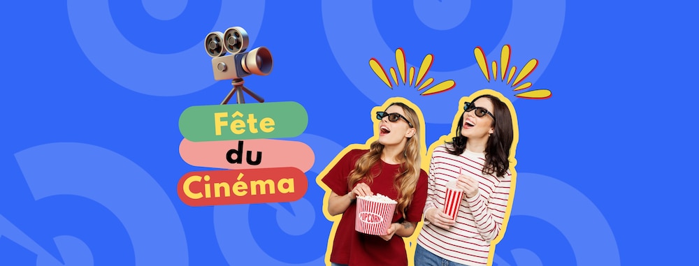 Deux femmes avec des seaux de popcorns dans les mains regardant un projecteur de films avec écrit en dessous : Fête du Cinéma.