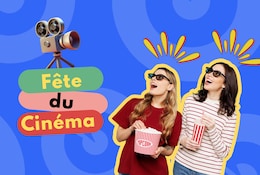 Deux femmes avec des seaux de popcorns dans les mains regardant un projecteur de films avec écrit en dessous : Fête du Cinéma.