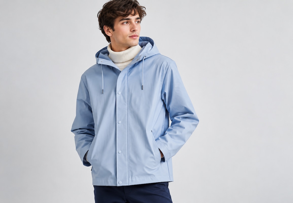 Homme portant un imperméable court bleu pâle à capuche sur un pull à col roulé écru.