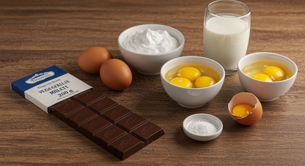 Ingrédients pour faire une mousse au chocolat : tablette de chocolat, œufs, sel, lait