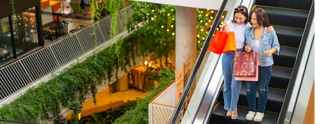 Deux femmes prenant l'escalator dans un grand magasin.