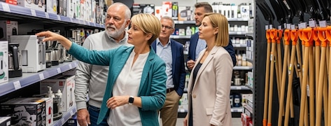 Groupe de personnes dans un magasin regardant des produits électroménagers et des équipements de jardinage/bricolage.