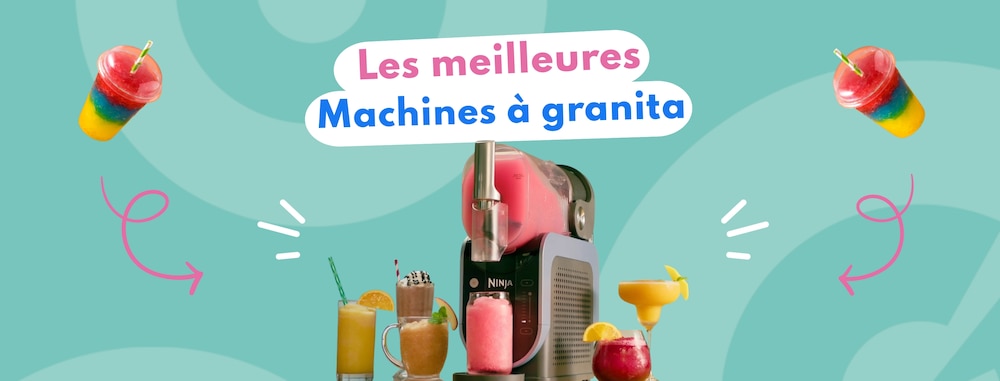 Machine à granita Ninja slushi avec différentes boissons glacées disposées autour.