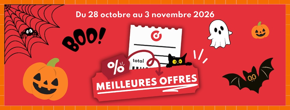 Visuel Halloween annonçant les meilleures offres du 28 octobre au 1er novembre 2026 sur Bonial, avec citrouilles, fantôme, chauves-souris, chat noir et toile d’araigné