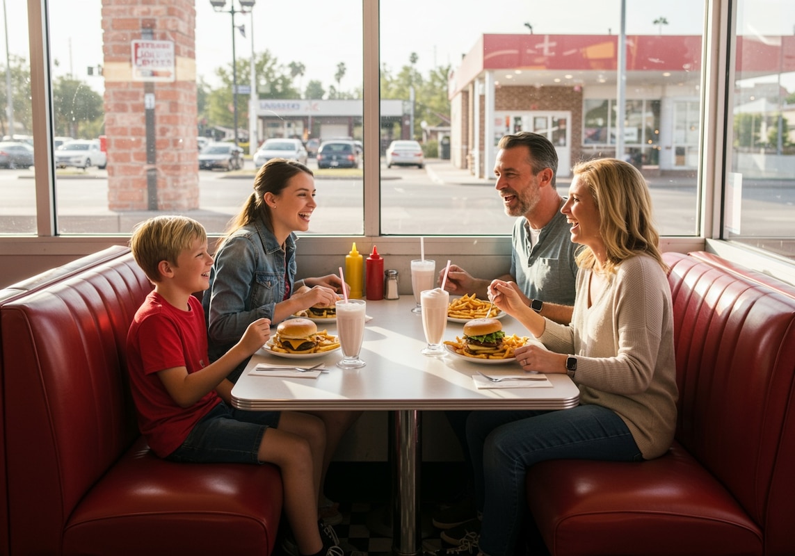 Famille mangeant dans un restaurant typiquement américain.