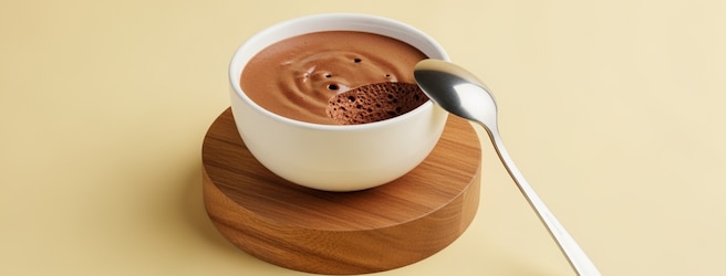 Mousse au chocolat dans un petit bol blanc avec une petite cuillère à café.