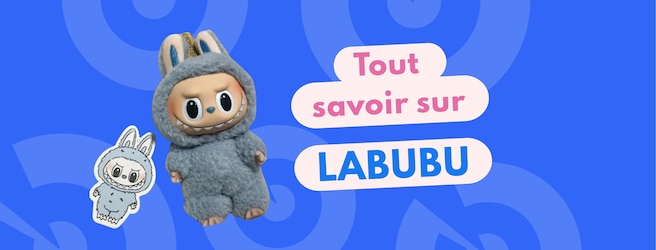 Peluche labubu bleue avec "tout savoir sur labubu" écrit à côté