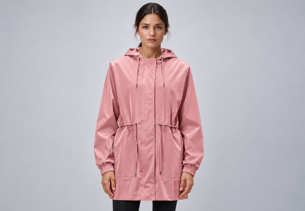 Femme portant une parka rose à capuche sur fond gris clair.