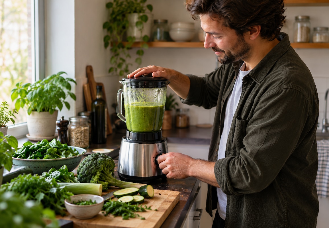 Un homme prépare une soupe de légumes verts dans un blender, entouré de légumes frais dans sa cuisine.