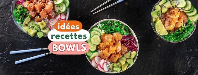 Bowls remplis de légumes frais, saumon et citron.