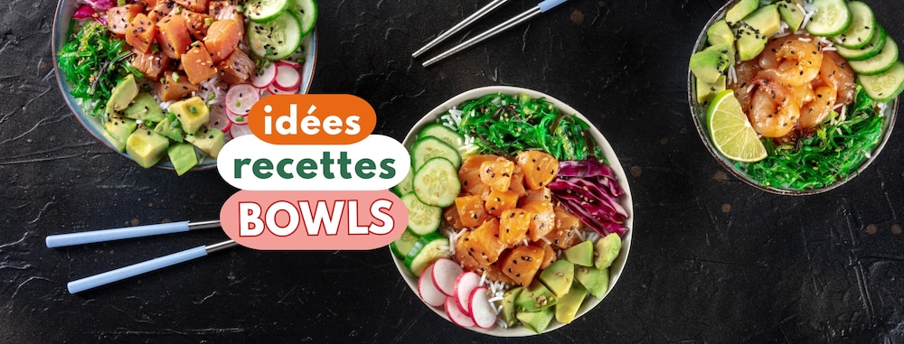 Bowls remplis de légumes frais, saumon et citron.
