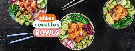 Bowls remplis de légumes frais, saumon et citron.