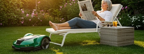 Femme lisant un journal en étant allongée sur un transat dans son jardin pendant qu'un robot tondeuse tond sa pelouse.