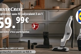 Zoom sur l'aspirateur sans fil Silvercrest à moins de 60€ chez Lidl